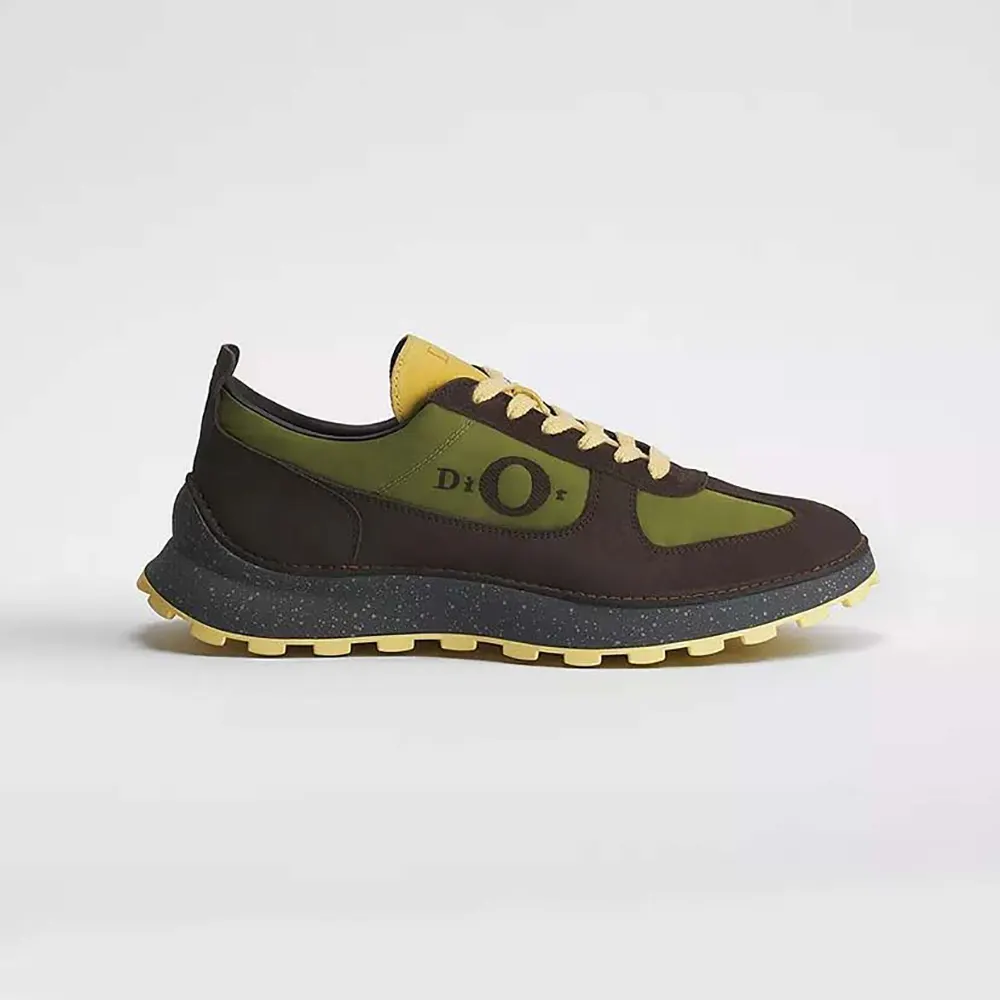 Dior Unisex Squash Sneaker Brown and Yellow Suede Calfskin with Green Technical Fabric