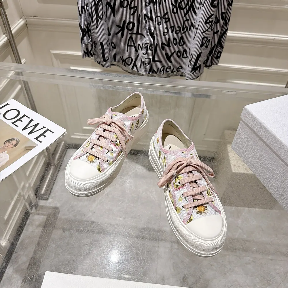 Dior Women Walk’n’Dior Platform Sneaker White Cotton Embroidered with Multicolor Daisy Garden Motif