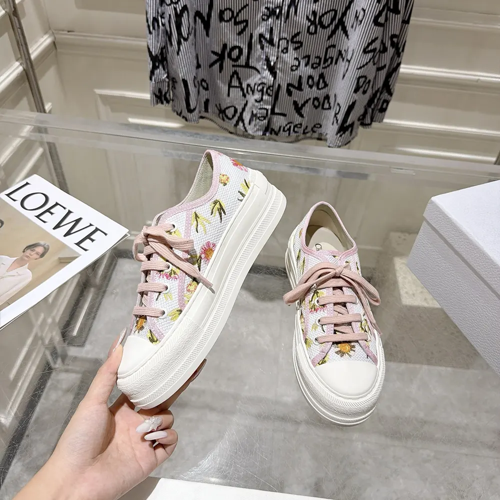 Dior Women Walk’n’Dior Platform Sneaker White Cotton Embroidered with Multicolor Daisy Garden Motif