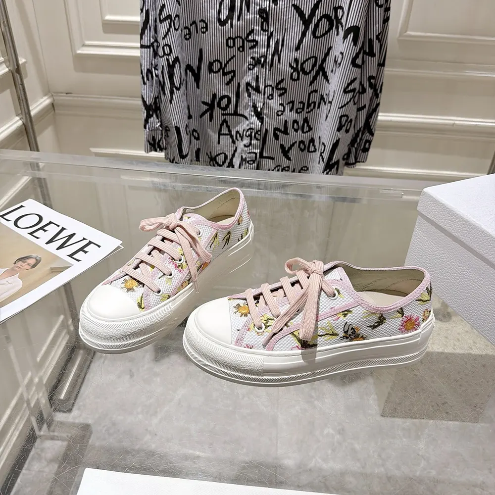 Dior Women Walk’n’Dior Platform Sneaker White Cotton Embroidered with Multicolor Daisy Garden Motif
