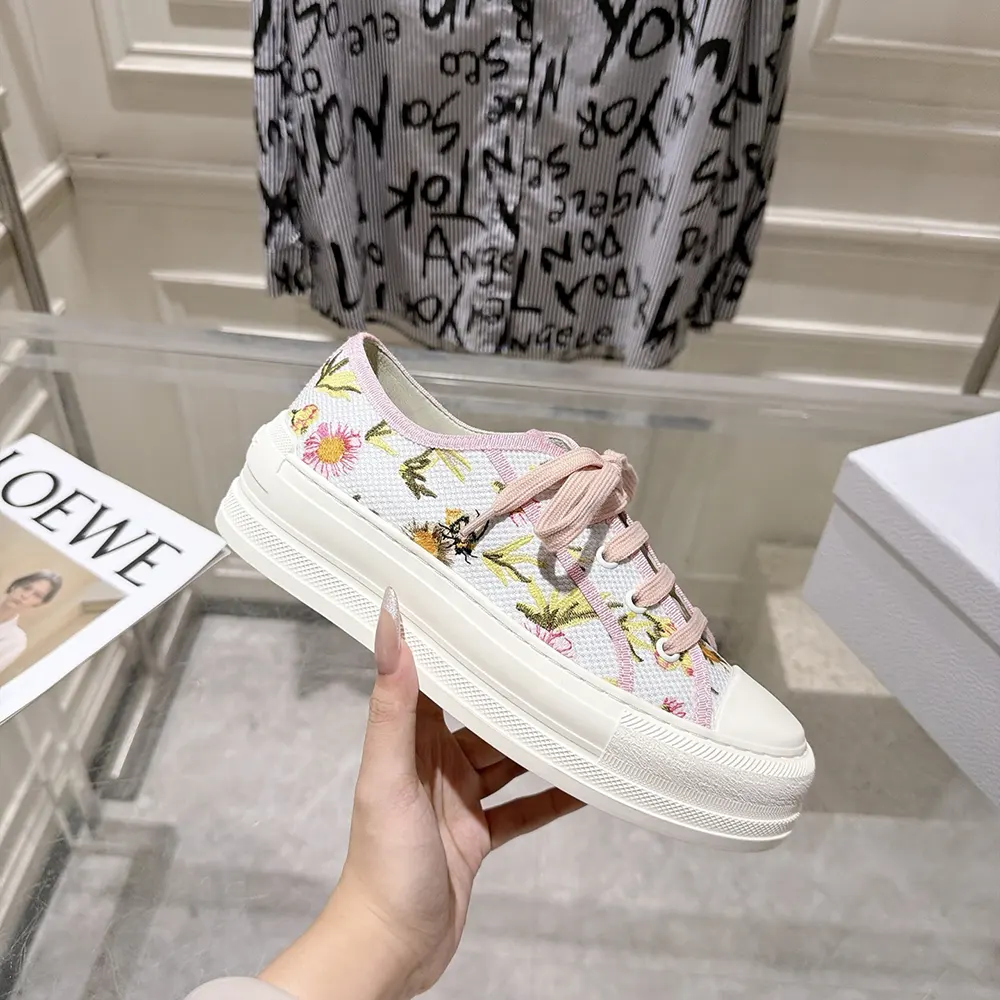 Dior Women Walk’n’Dior Platform Sneaker White Cotton Embroidered with Multicolor Daisy Garden Motif