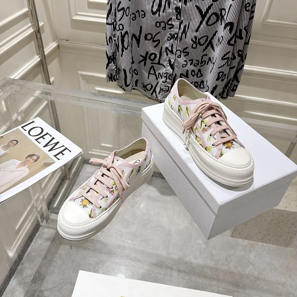 Dior Women Walk’n’Dior Platform Sneaker White Cotton Embroidered with Multicolor Daisy Garden Motif