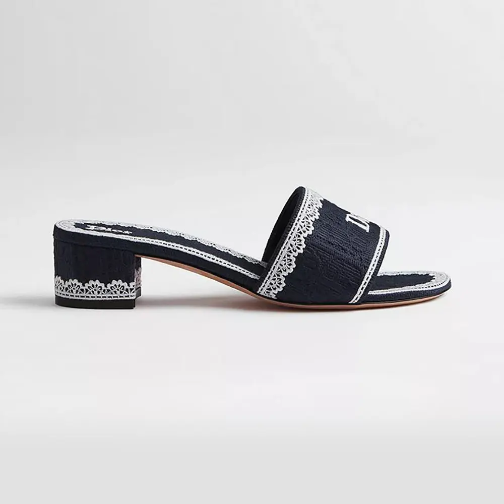 Dior Women Dentelle Heeled Slide Navy Blue Dior Oblique Embroidered Cotton and White Lace