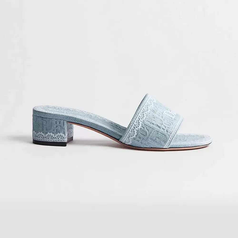 Dior Women Dentelle Heeled Slide Sky Blue Dior Oblique Embroidered Cotton and White Lace
