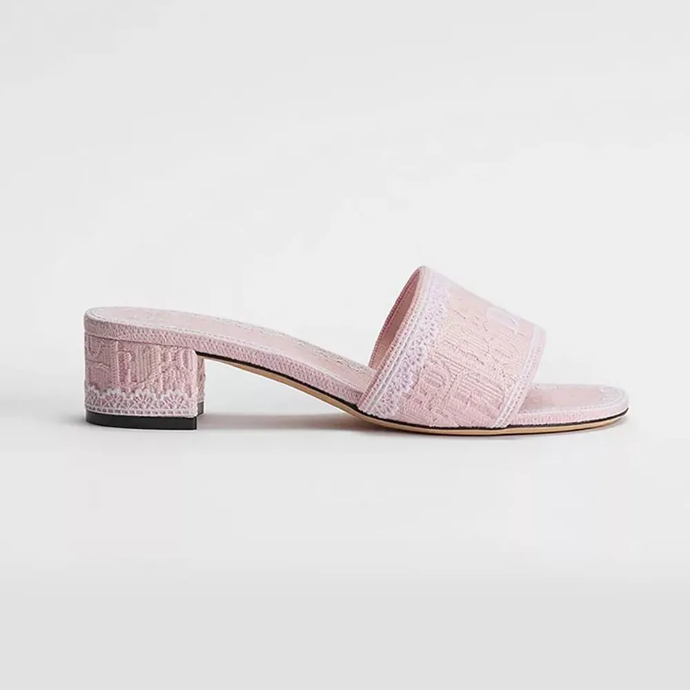 Dior Women Dioramour Dior Dentelle Heeled Slide Soupir Pink Dior Oblique Embroidered Cotton and White Lace