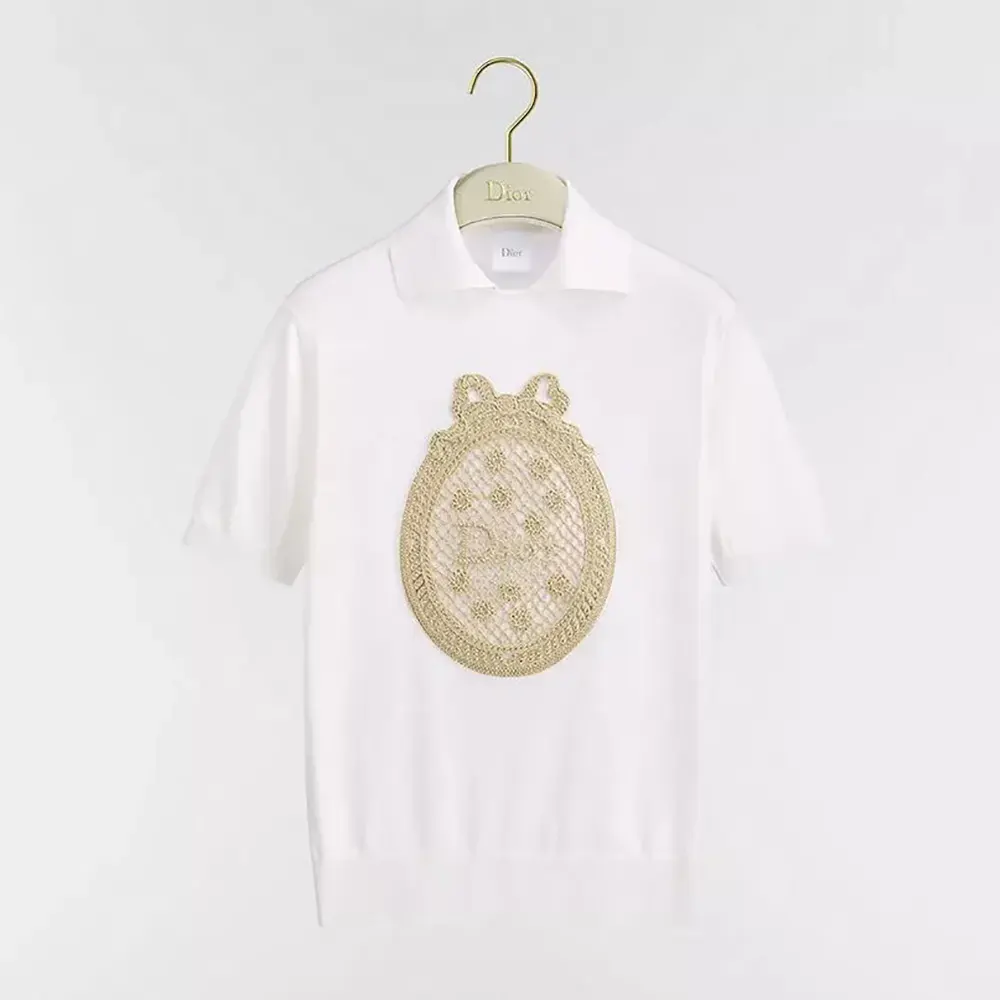 Dior Women Dioriviera Dior Médaillon Short-Sleeved Sweater Ecru Silk Knit 644S10A6876