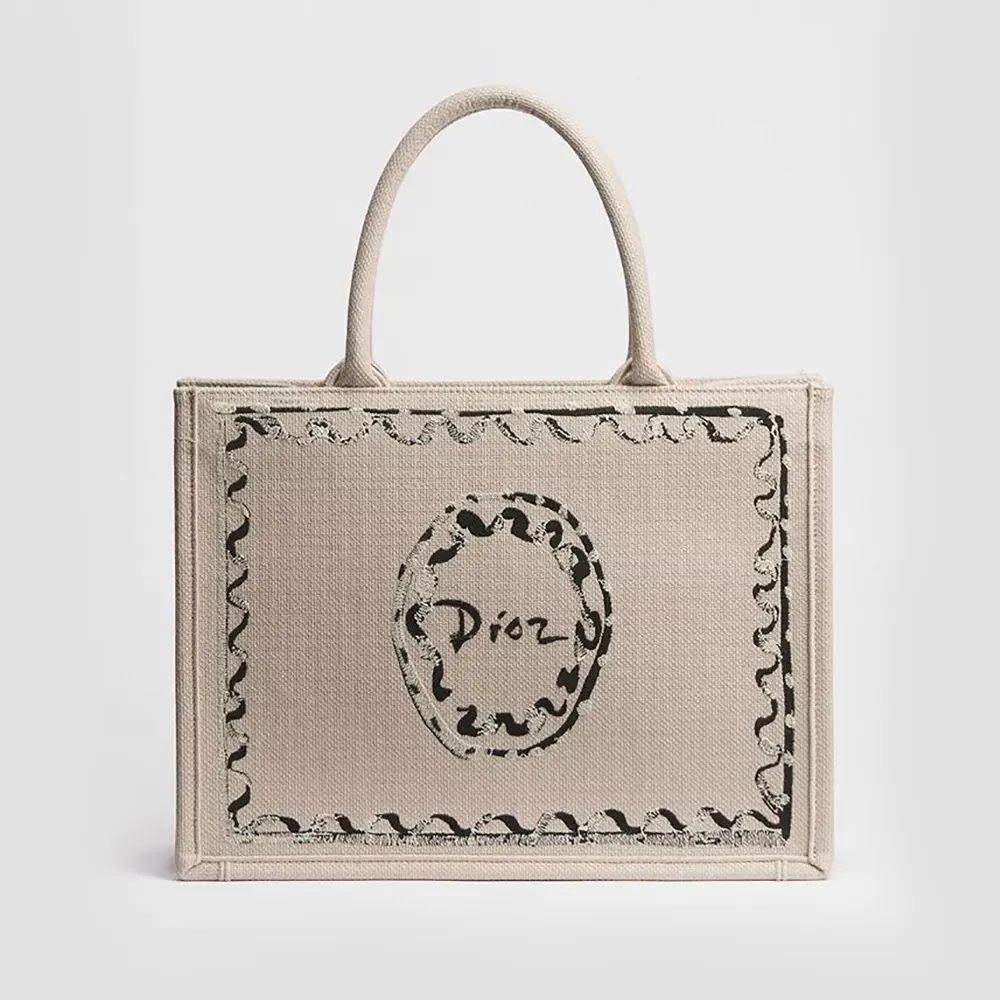 Dior Women Dioriviera Medium Dior Book Tote with Strap Beige Dior Painted Ribbon Embroidery