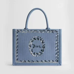 Dior Women Dioriviera Medium Dior Book Tote with Strap Blue-Greige Dior Painted Ribbon Embroidery
