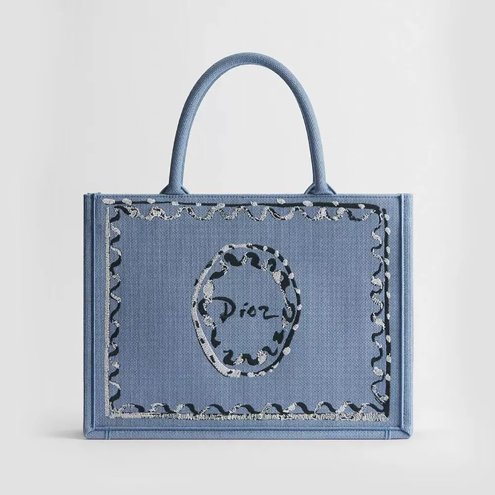 Dior Women Dioriviera Medium Dior Book Tote with Strap Blue-Greige Dior Painted Ribbon Embroidery