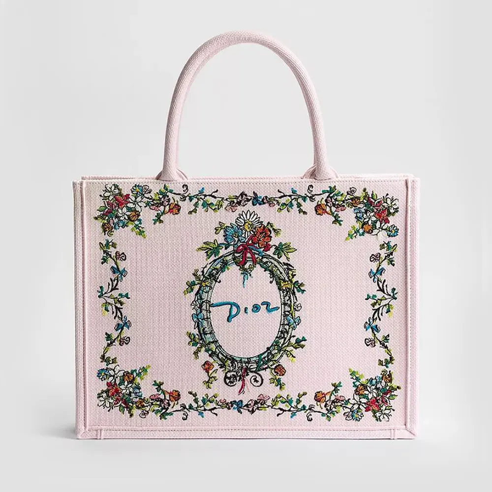 Dior Women Dioriviera Medium Dior Book Tote with Strap Pink Multicolor Dior Arabesque Embroidery