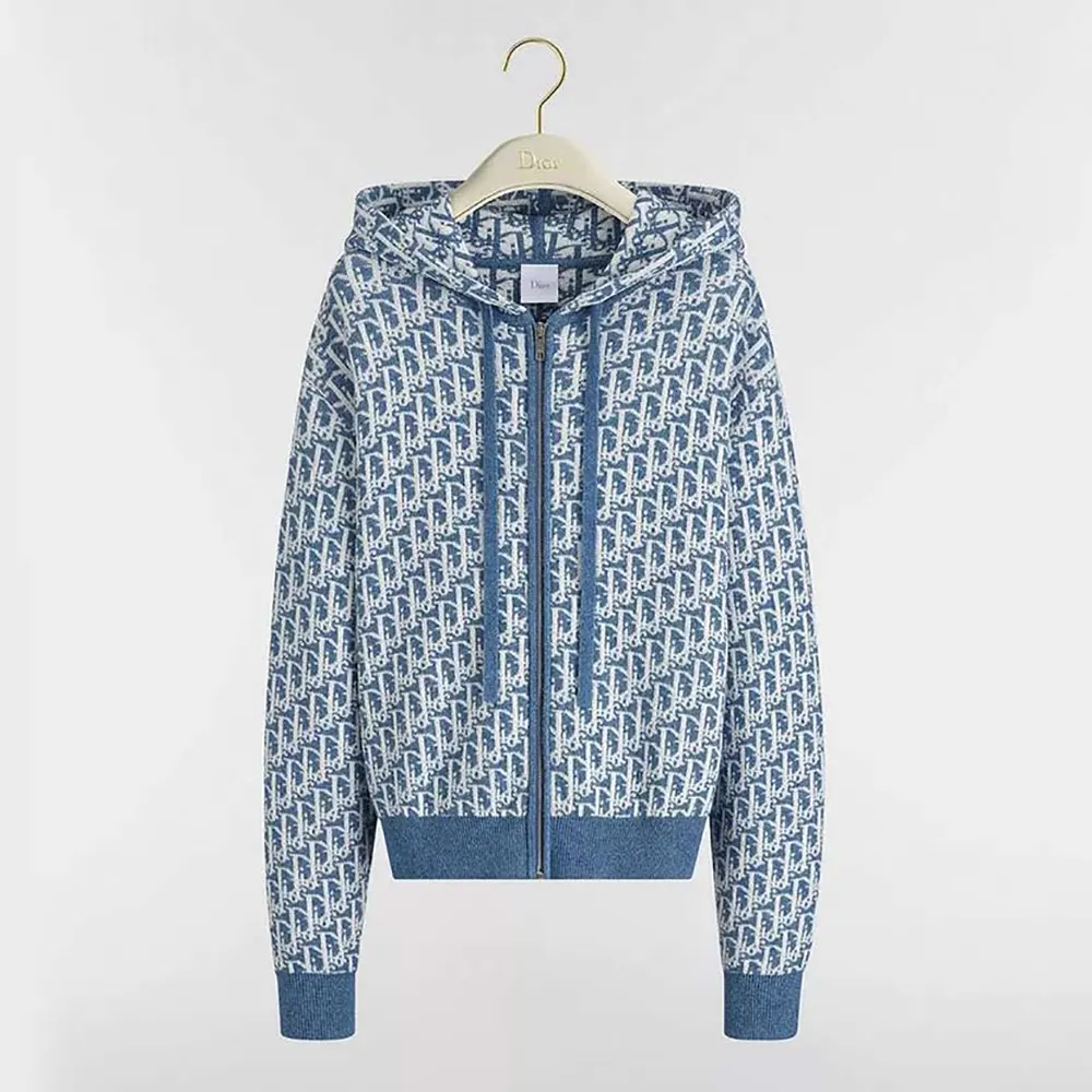 Dior Women Dioriviera Zipped Cardigan with Hood Blue Spongy Dior Oblique Cotton-Blend Jacquard