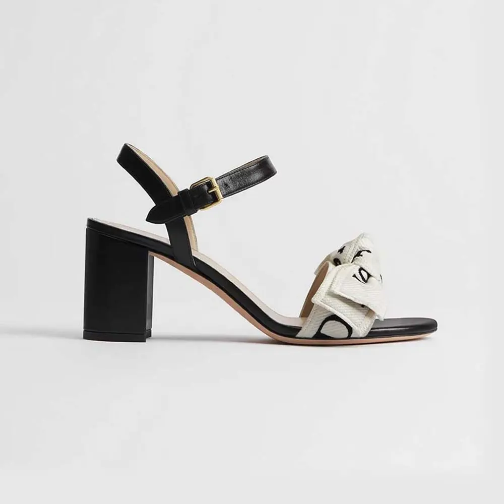Dior Women J’Adior Heeled Sandal Embroidered Cotton and Black Lambskin