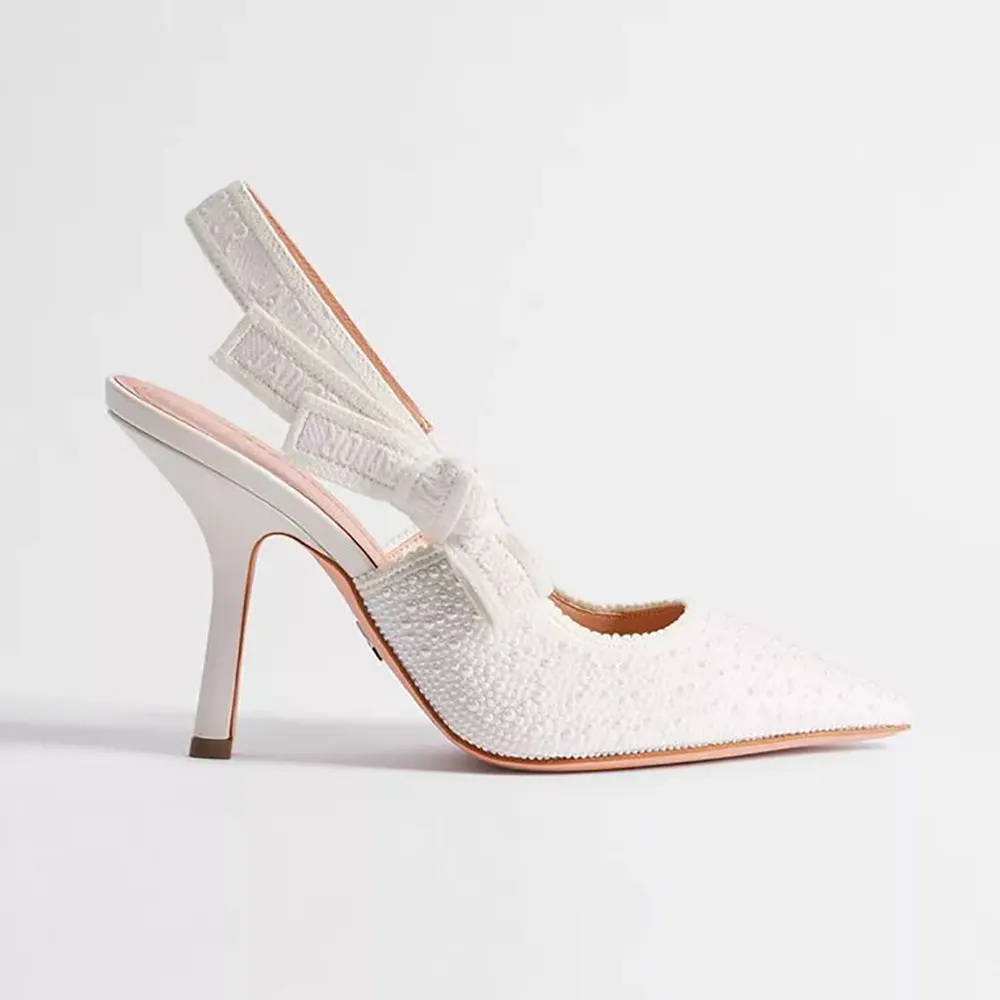 Slingback Pump Embroidered Cotton and White Resin Pearls