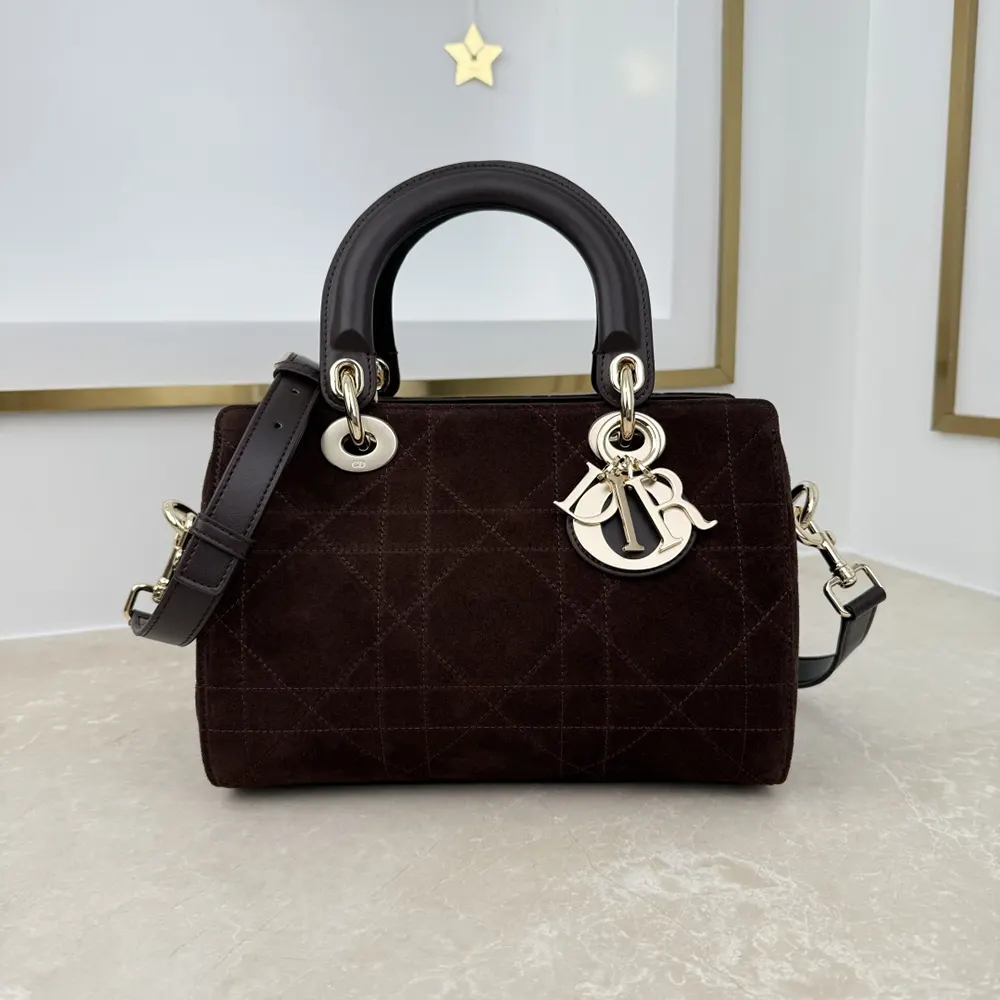 Dior Women Small Dior Granville Bag Chocolate Flat Macrocannage Suede Calfskin