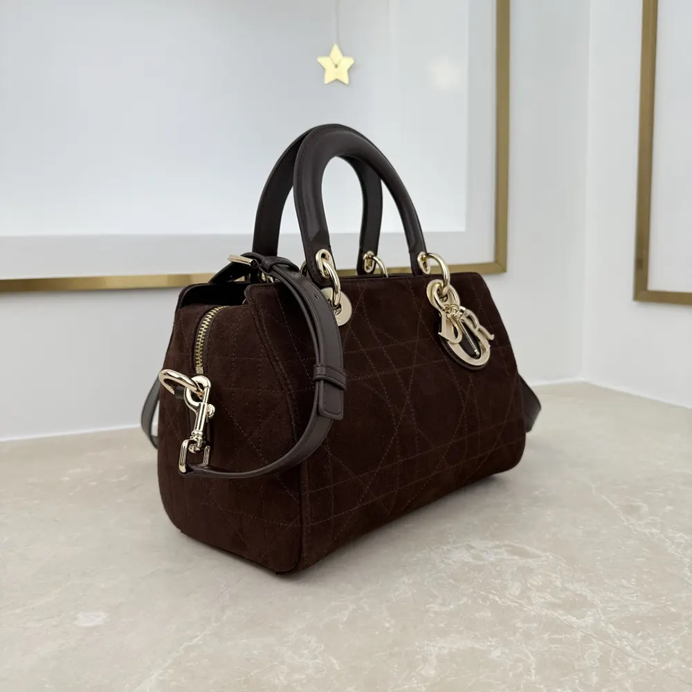 Dior Women Small Dior Granville Bag Chocolate Flat Macrocannage Suede Calfskin