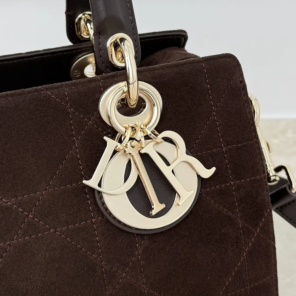 Dior Women Small Dior Granville Bag Chocolate Flat Macrocannage Suede Calfskin