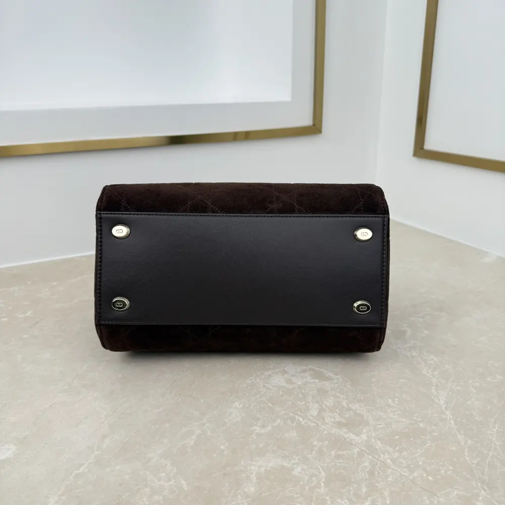 Dior Women Small Dior Granville Bag Chocolate Flat Macrocannage Suede Calfskin
