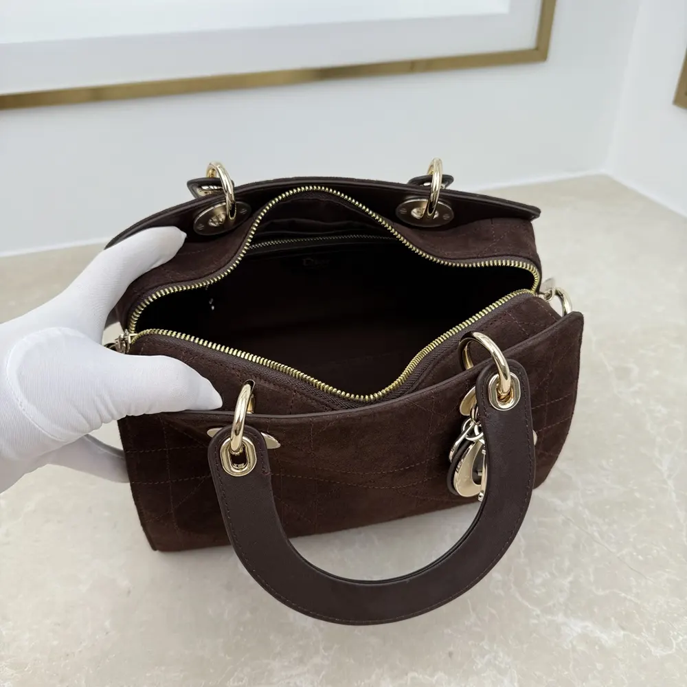 Dior Women Small Dior Granville Bag Chocolate Flat Macrocannage Suede Calfskin