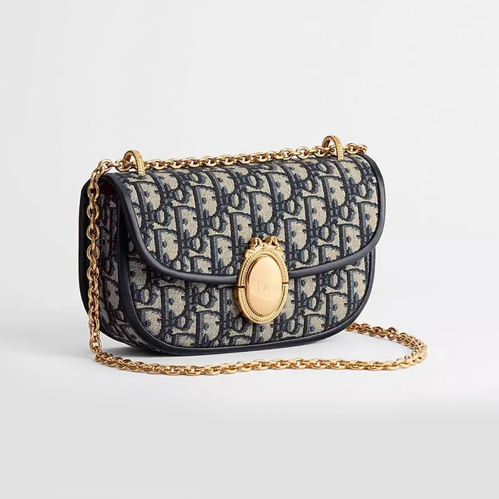 Dior Women Small Dior Médaillon Flap Bag with Chain Blue Dior Oblique Jacquard