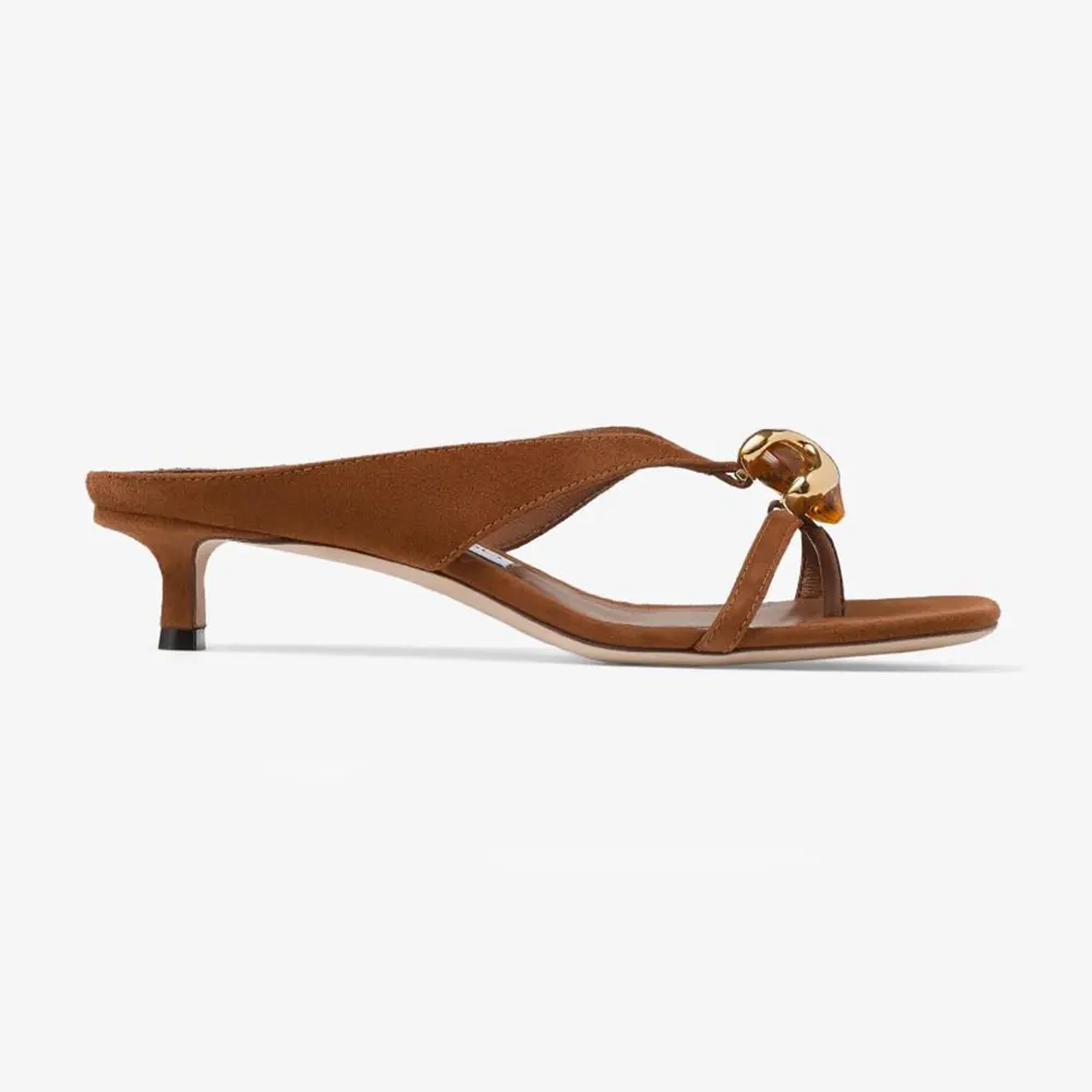 Jimmy Choo Women Emeri Stone 35 Tan Suede Sandals with Stone Detail