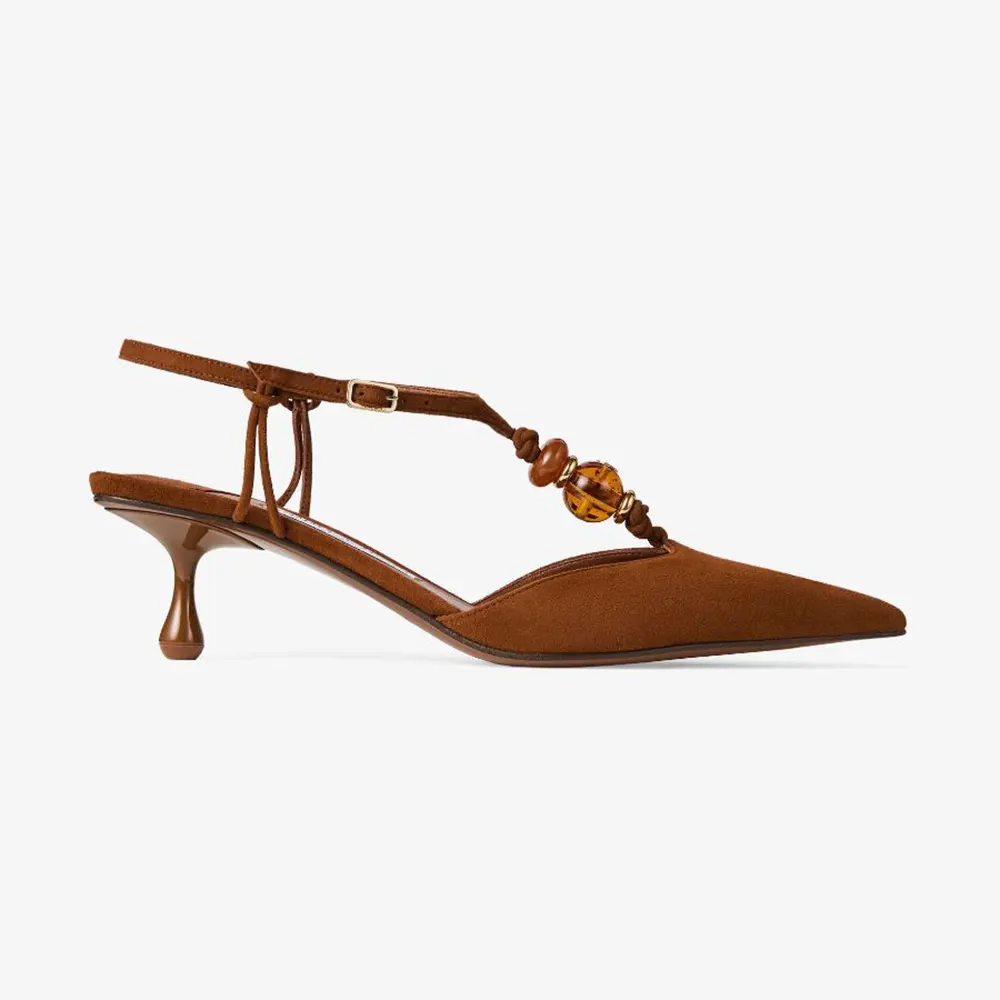 Jimmy Choo Women Lauri 50 Tan Mix Suede Slingbacks with Beads-Brown LAURI50IPV