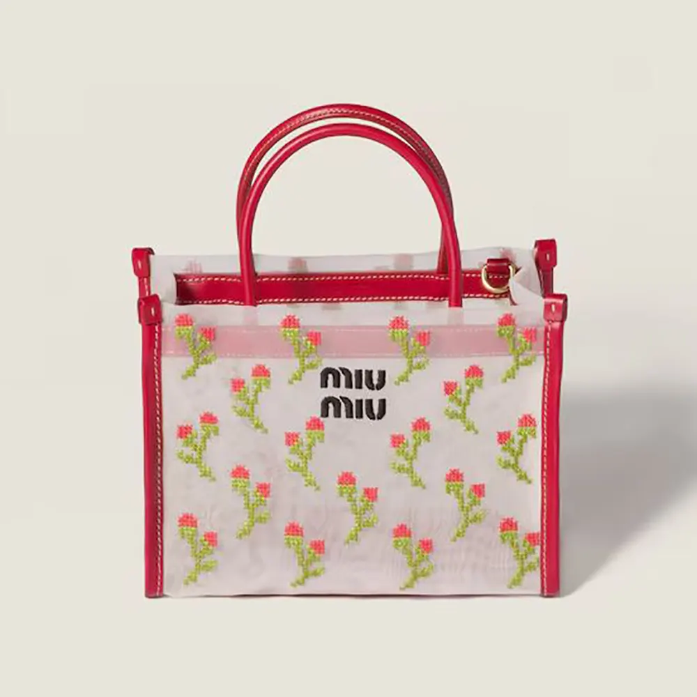 Miu Miu Women Embroidered Mesh Top-handle Bag-Red 5BA3102IHV
