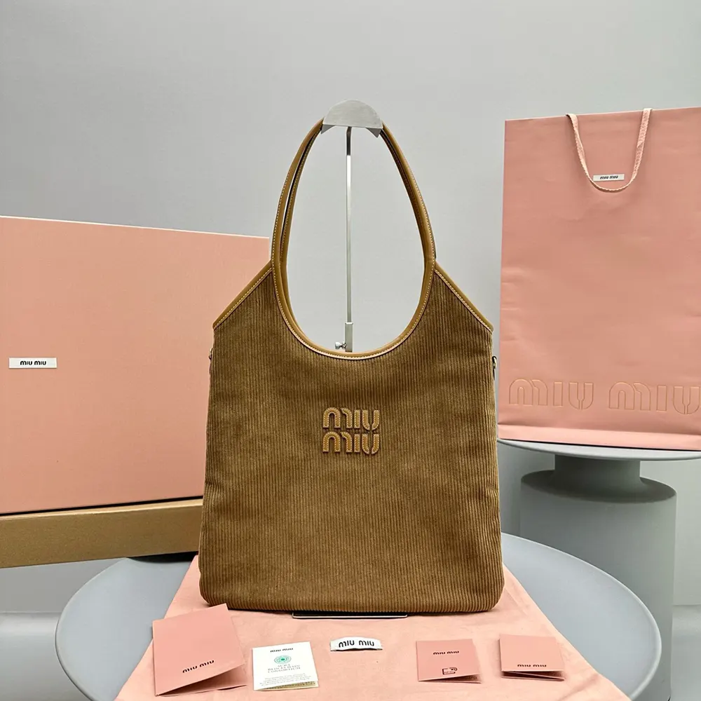 Miu Miu Women IVY Corduroy Bag with Leather Lettering Logo-Brown