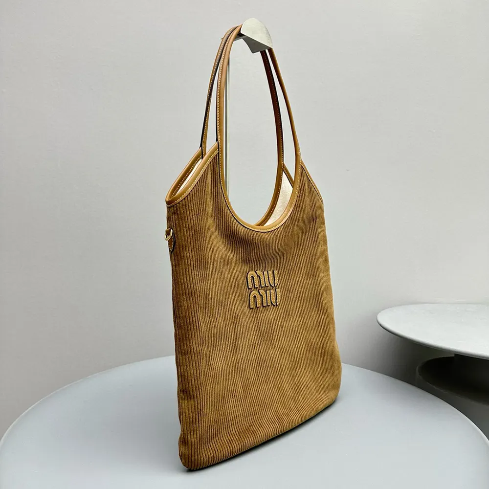 Miu Miu Women IVY Corduroy Bag with Leather Lettering Logo-Brown