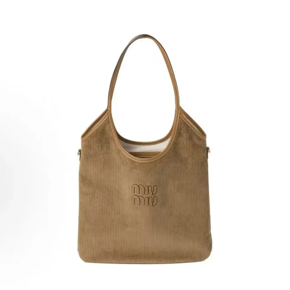 Miu Miu Women IVY Corduroy Bag with Leather Lettering Logo-Brown