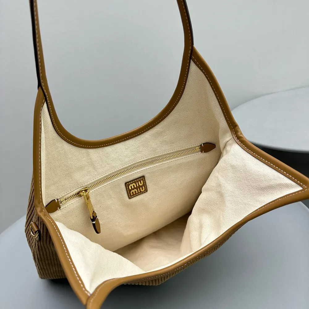 Miu Miu Women IVY Corduroy Bag with Leather Lettering Logo-Brown