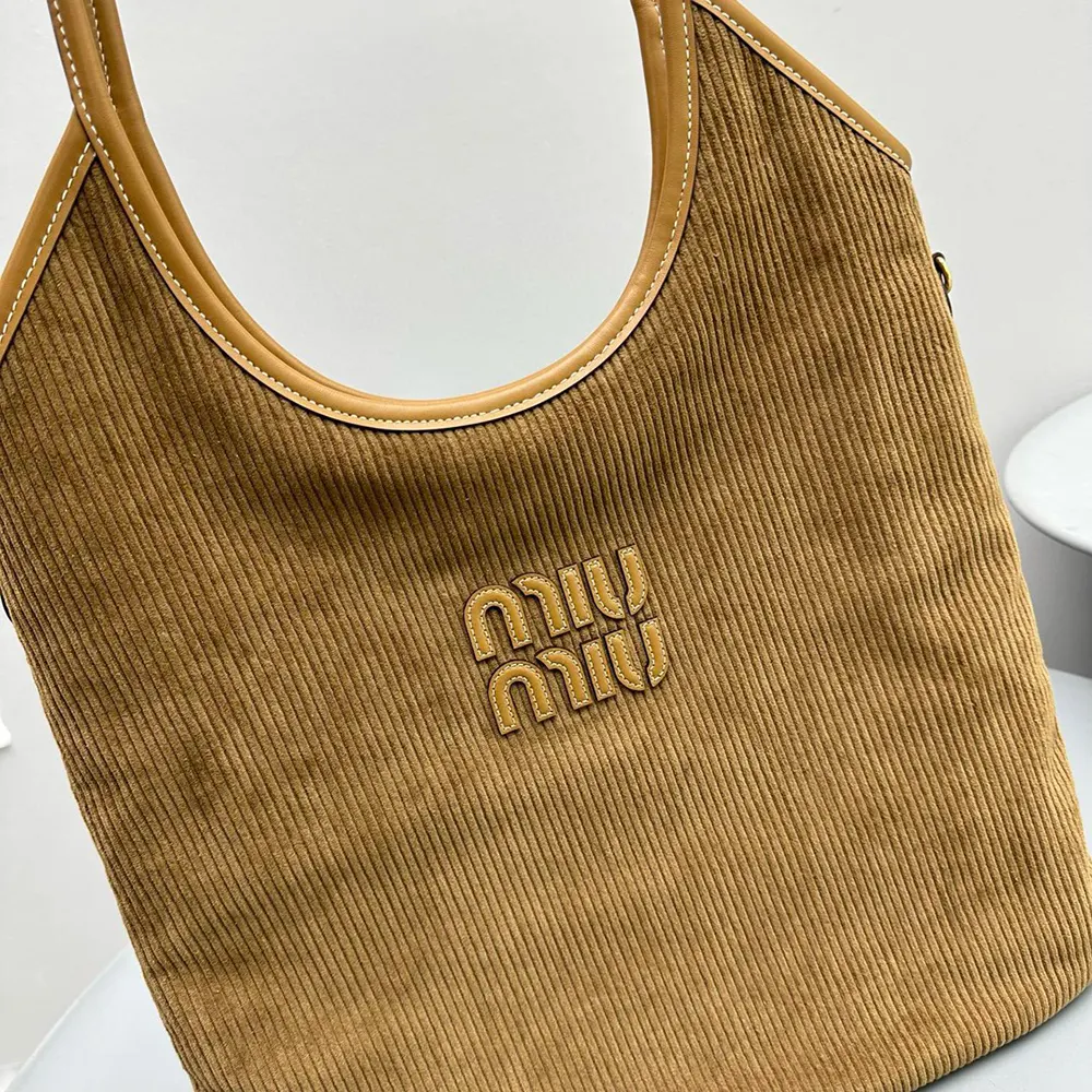 Miu Miu Women IVY Corduroy Bag with Leather Lettering Logo-Brown