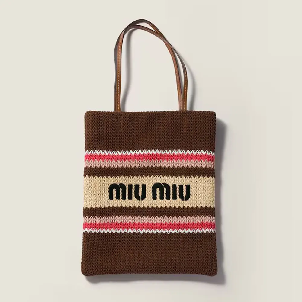 Miu Miu Women Raffia-Effect Woven Tote Bag-TobaccoStrawberryNatural 5BG248