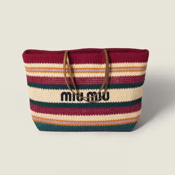 Miu Miu Women Raffia-effect Woven Tote Bag-Bordeaux 5BG228