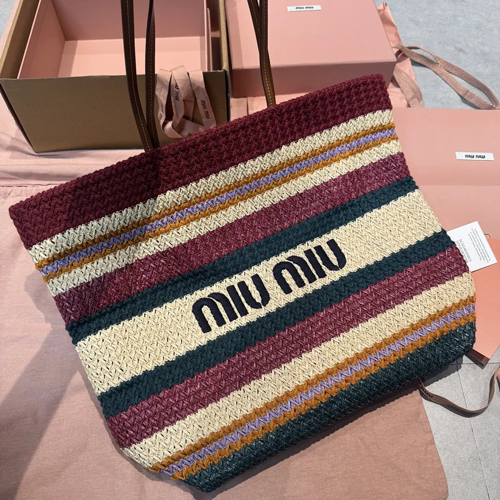 Miu Miu Women Raffia-effect Woven Tote Bag-Bordeaux 5BG228
