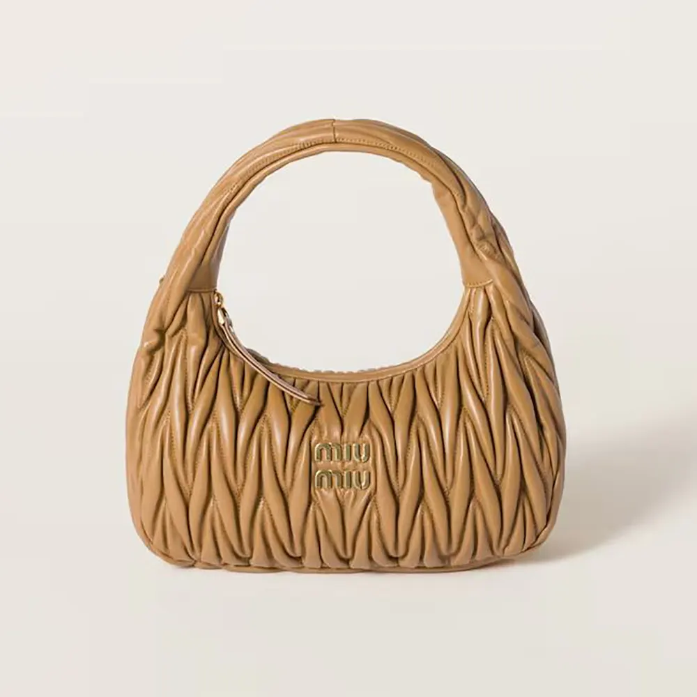 Miu Miu Women Wander Matelassé Nappa Leather Hobo Bag-Caramel 5BC153AN88