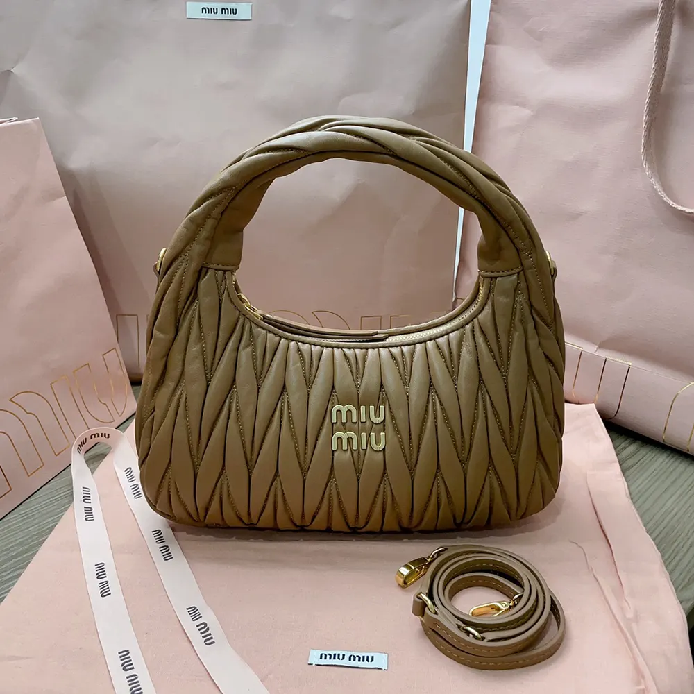 Miu Miu Women Wander Matelassé Nappa Leather Hobo Bag-Caramel 5BC153AN88