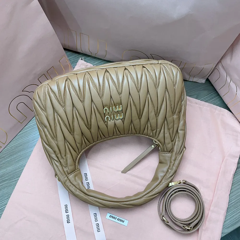 Miu Miu Women Wander Matelassé Nappa Leather Hobo Bag-Caramel 5BC153AN88