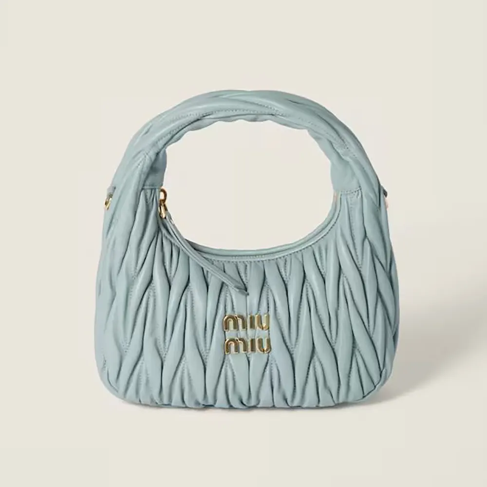 Miu Miu Women Wander Matelassé Nappa Leather Hobo Bag-Powder Blue 5BC125