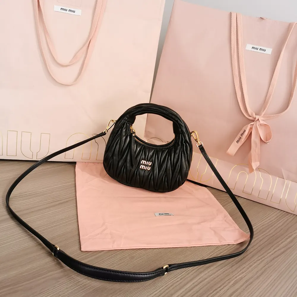 Miu Miu Women Wander Matelassé Nappa Leather Hobo Mini-Bag-Black 5BP078