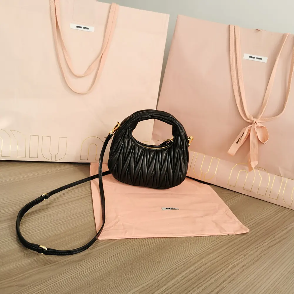 Miu Miu Women Wander Matelassé Nappa Leather Hobo Mini-Bag-Black 5BP078