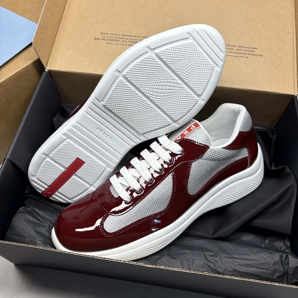 Prada Unisex Patent Leather And Technical Fabric Prada America’S Cup Sneakers-Burgundy