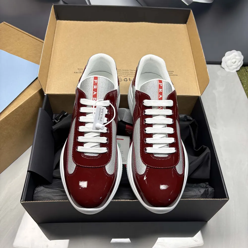Prada Unisex Patent Leather And Technical Fabric Prada America’S Cup Sneakers-Burgundy