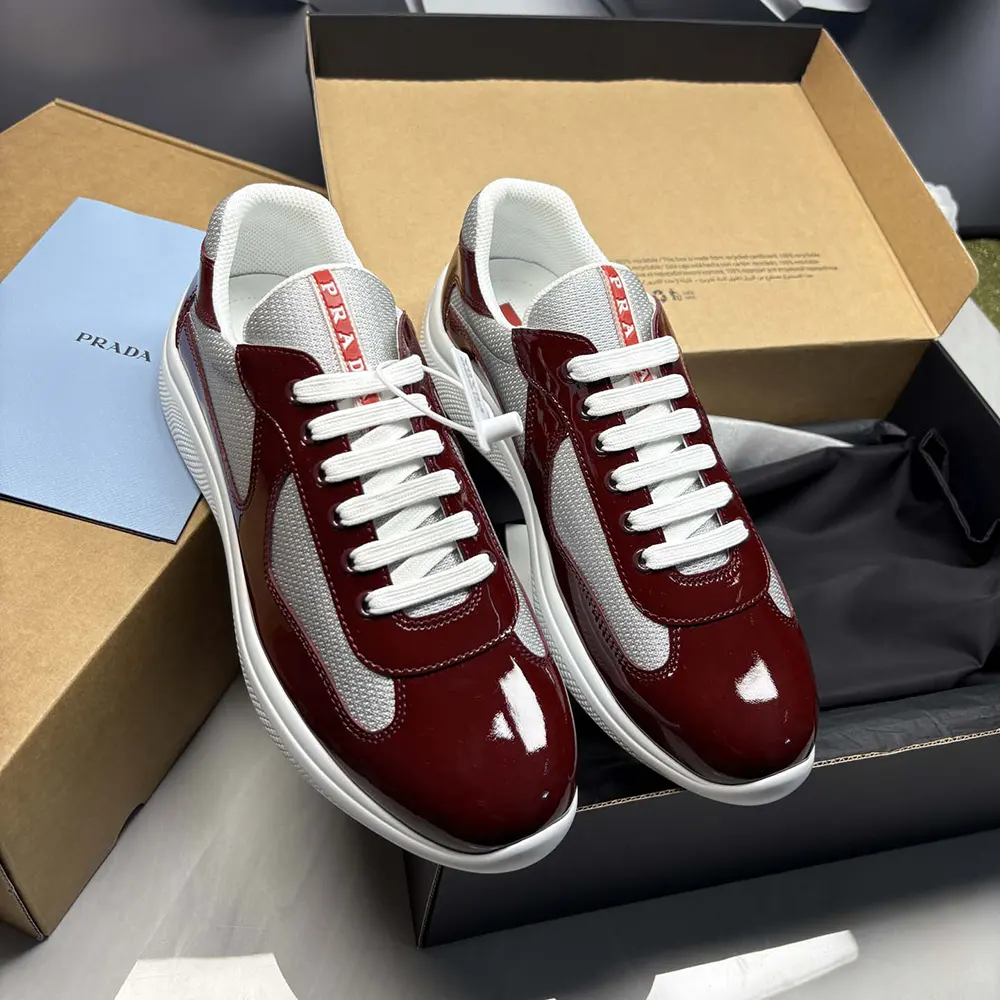 Prada Unisex Patent Leather And Technical Fabric Prada America’S Cup Sneakers-Burgundy