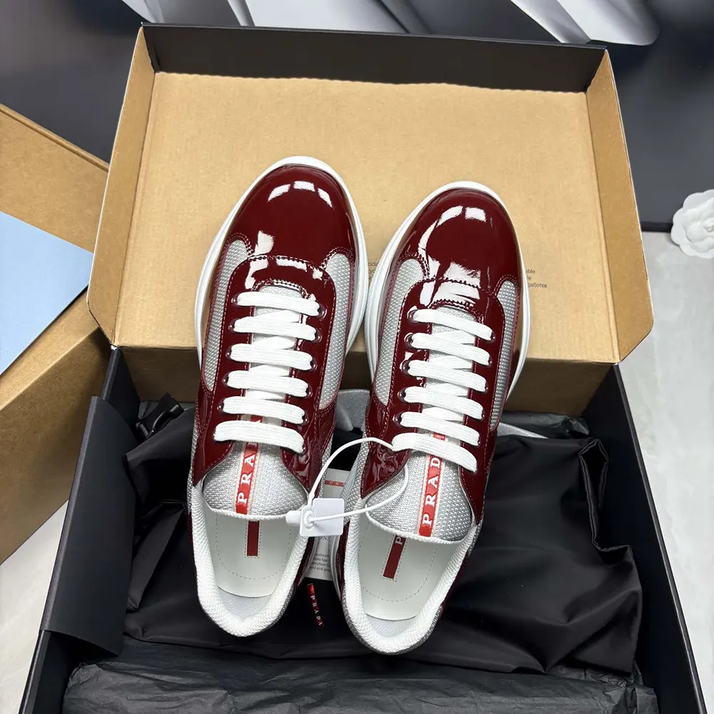 Prada Unisex Patent Leather And Technical Fabric Prada America’S Cup Sneakers-Burgundy