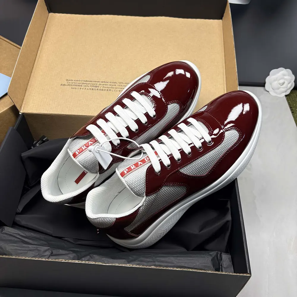 Prada Unisex Patent Leather And Technical Fabric Prada America’S Cup Sneakers-Burgundy