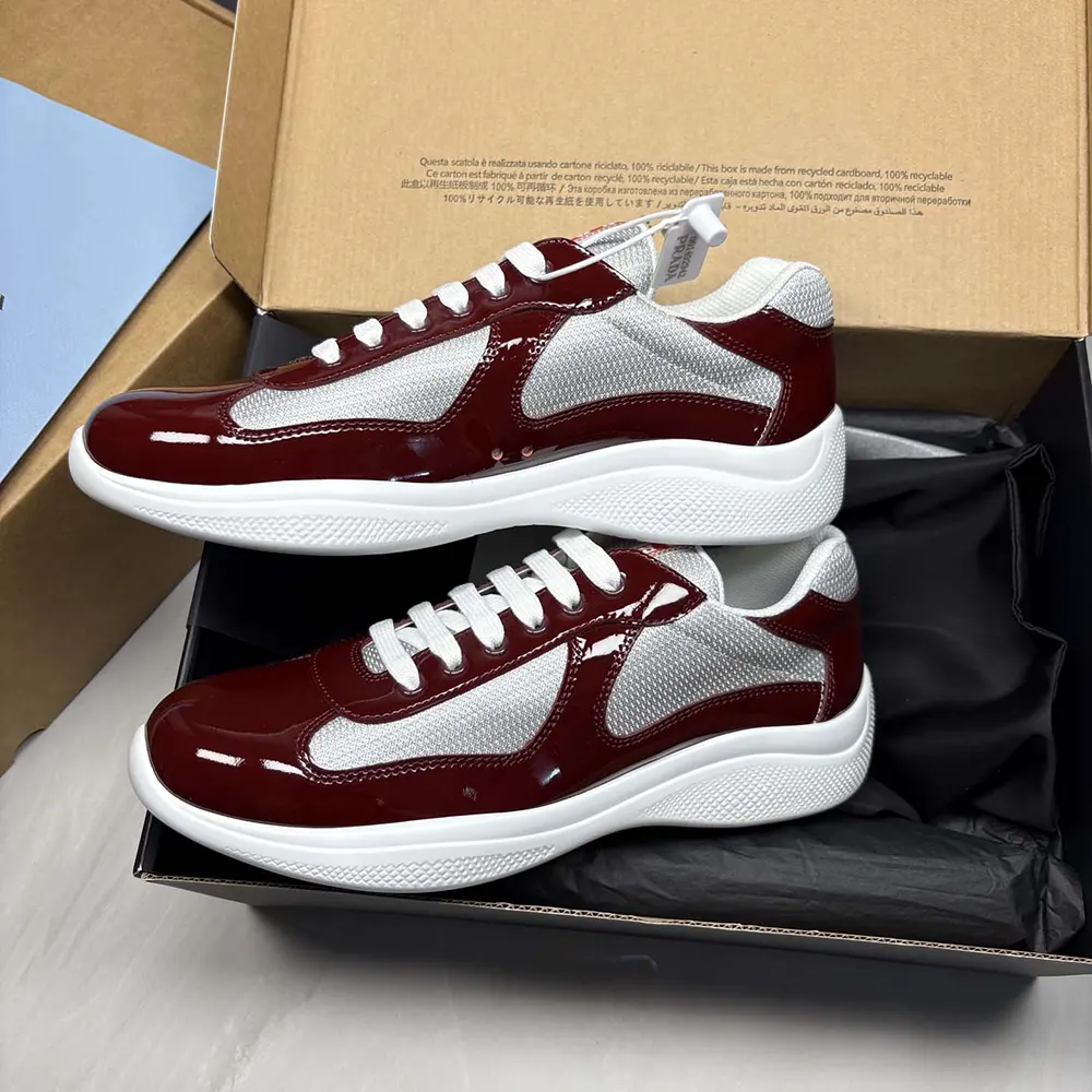Prada Unisex Patent Leather And Technical Fabric Prada America’S Cup Sneakers-Burgundy