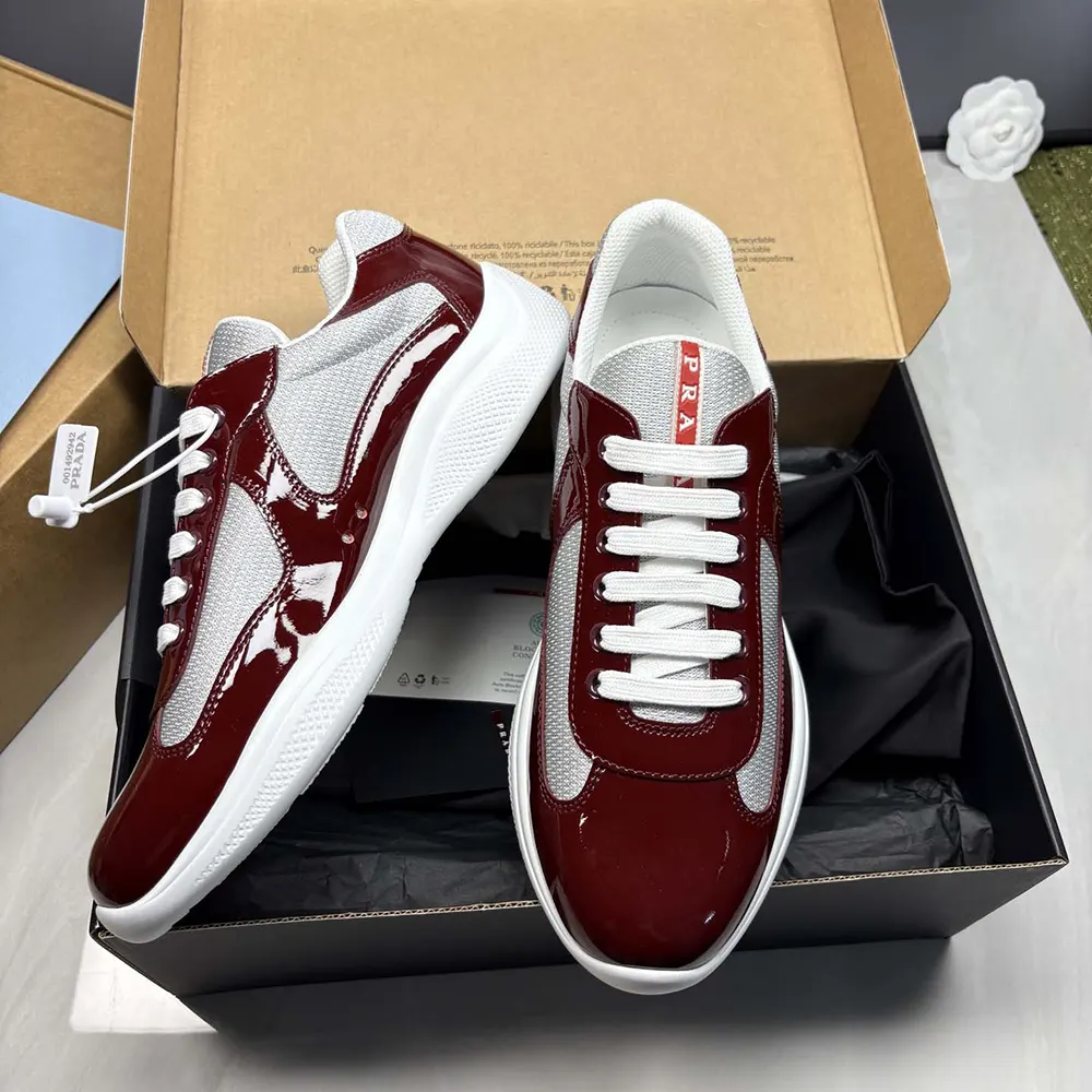 Prada Unisex Patent Leather And Technical Fabric Prada America’S Cup Sneakers-Burgundy