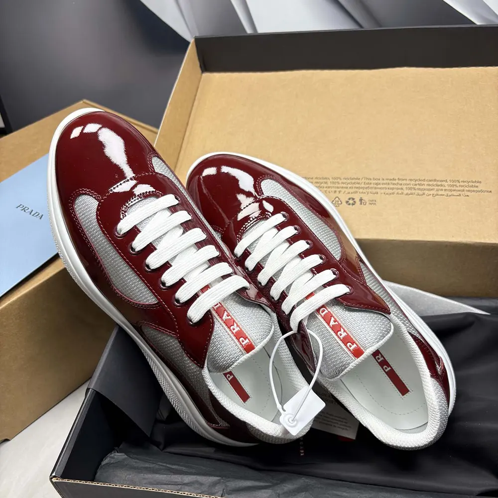 Prada Unisex Patent Leather And Technical Fabric Prada America’S Cup Sneakers-Burgundy