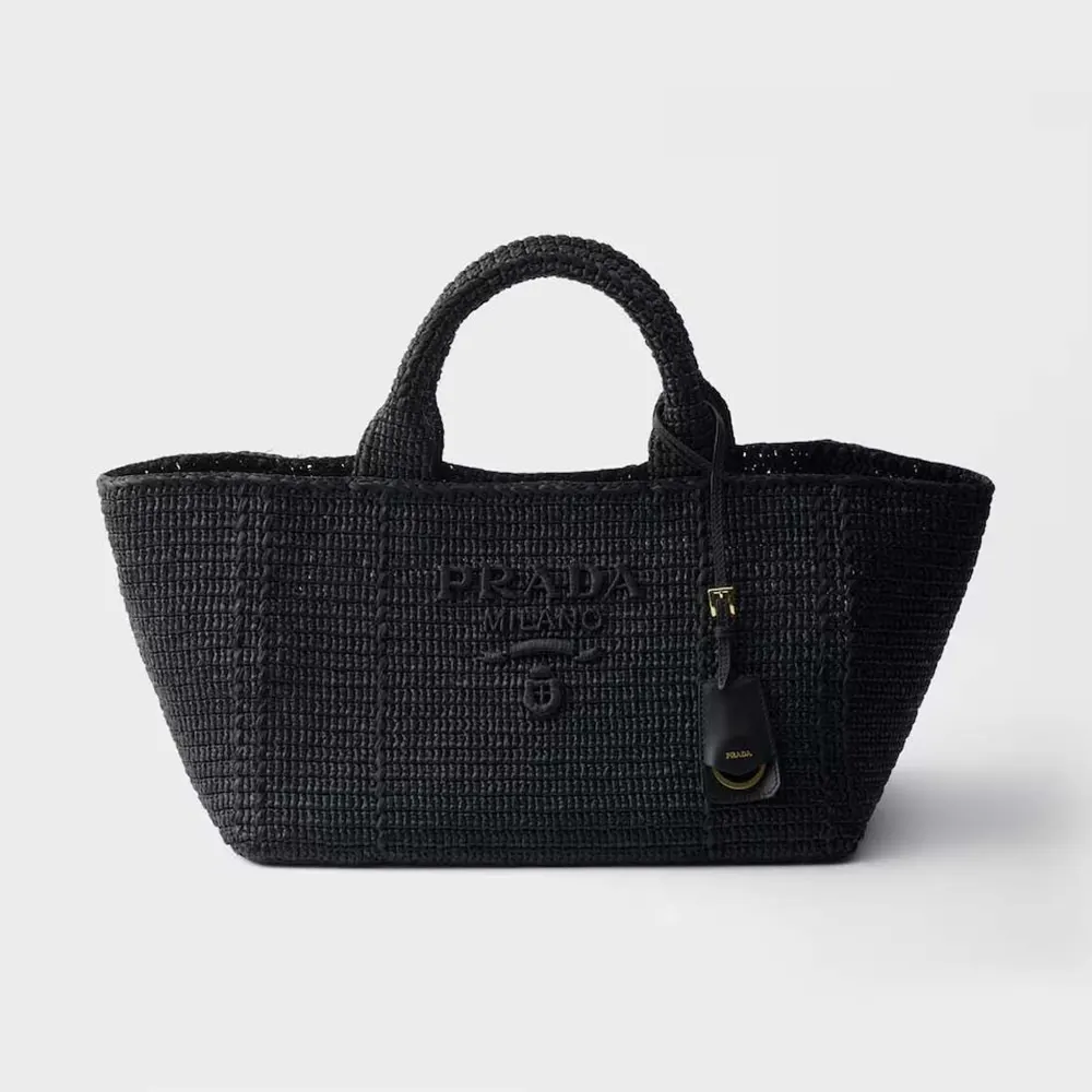 Prada Women Large Crochet Tote Bag with Leather Details-Black 1BG635