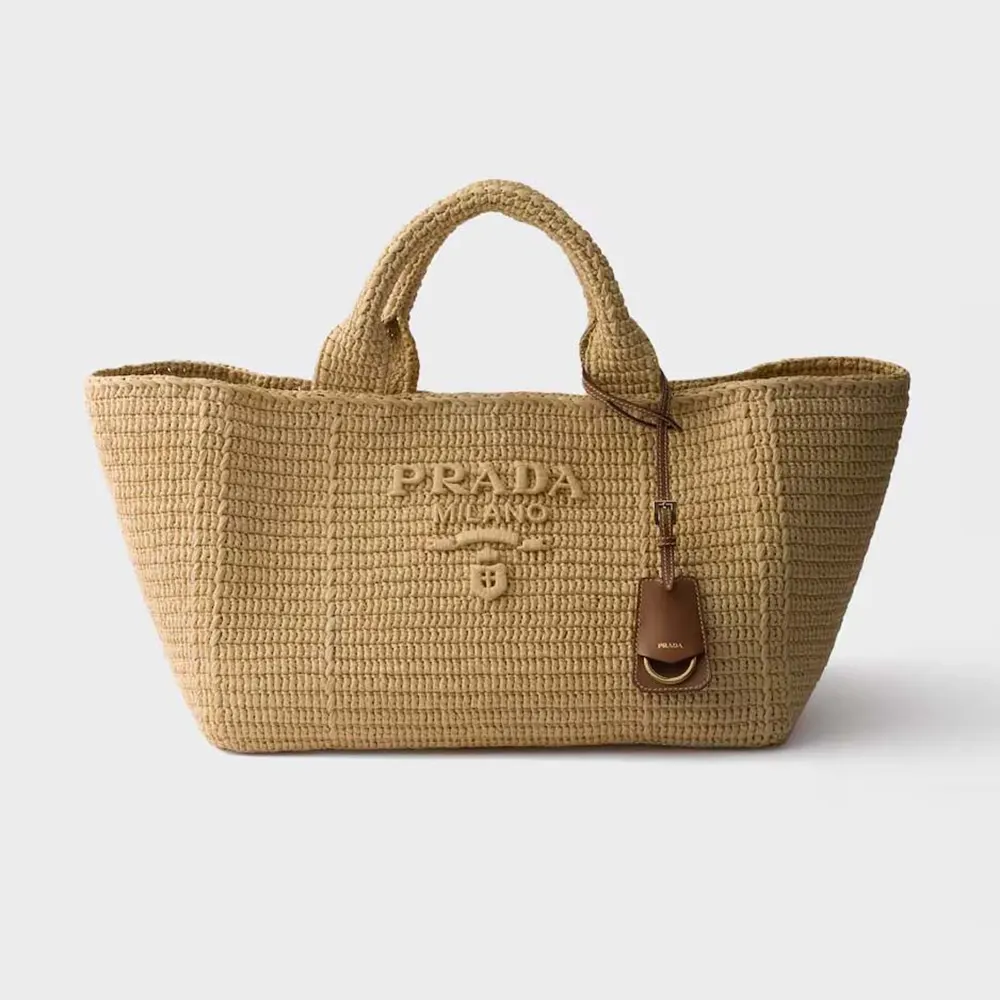 Prada Women Large Crochet Tote Bag with Leather Details-Natural 1BG635